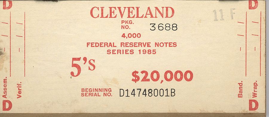 Fr.1978-D, BEP $20,000 Brick Packaging Label, 1985 Cleveland $5 FRNs, D-B Block